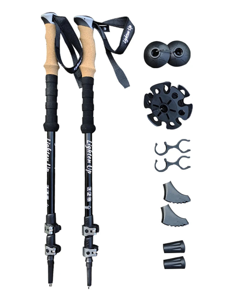 2Pcs Lightweight Folding Trekking Poles Aluminum/Carbon Cork Handle Walking Sticks for Hiking