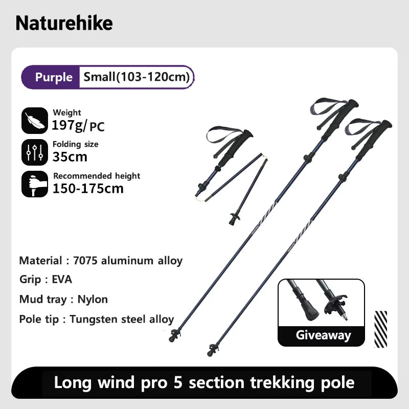 Naturehike Five-Section Folding Carbon Trekking Poles 103–135cm Lightweight Walking Sticks