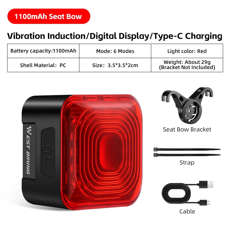 WEST BIKING Rear Bike Light with Brake Sensing & Digital Display – USB Rechargeable Tail Light