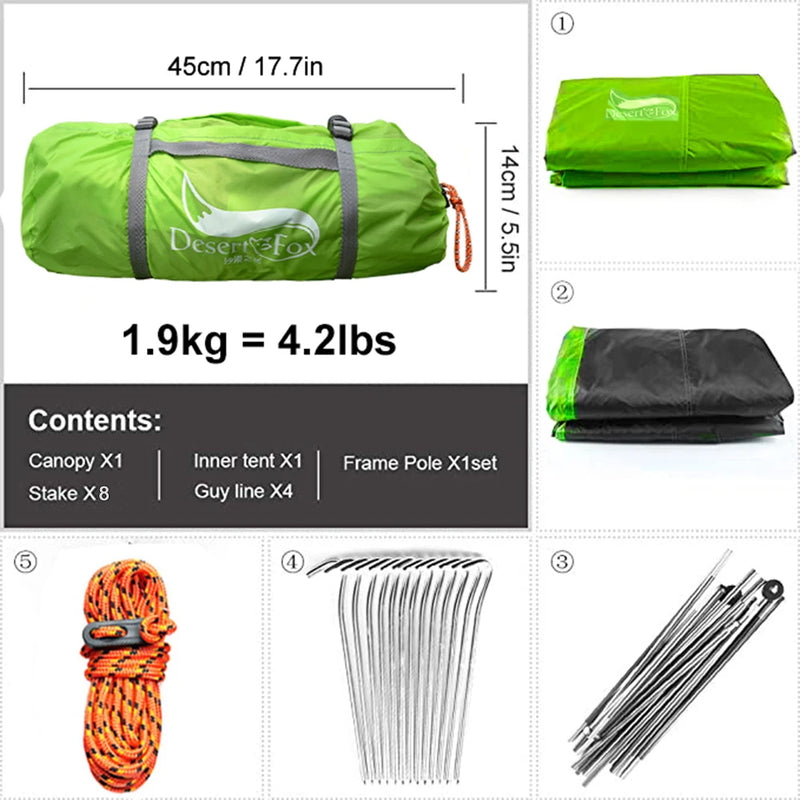 Desert&Fox 2 Person Tent Lightweight 3 Season Backpacking Tents: Aluminum Pole Waterproof Tent