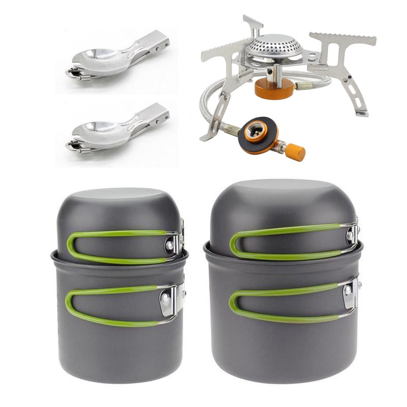 Portable Outdoor Picnic Hiking Camping 1-2 Person Cookware Set Pot and Gas Stove Combinate Cooker