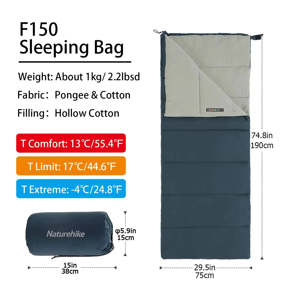 F150 Phoenix Ultralight Splicable Cotton Sleeping Bag Camping Hiking Travel Machine Washable