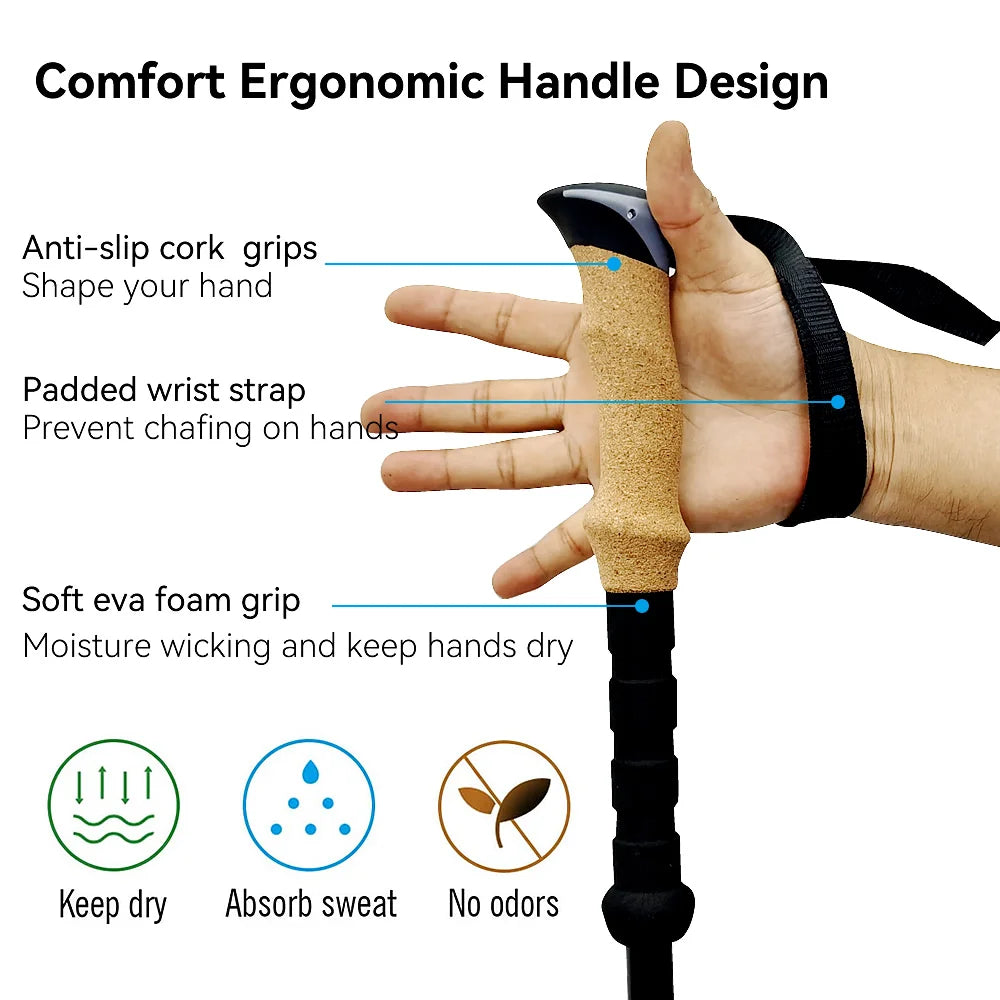 2Pcs Lightweight Folding Trekking Poles Aluminum/Carbon Cork Handle Walking Sticks for Hiking