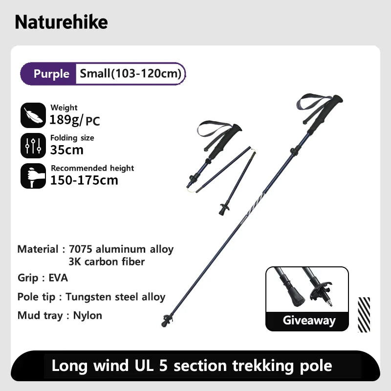 Naturehike Five-Section Folding Carbon Trekking Poles 103–135cm Lightweight Walking Sticks