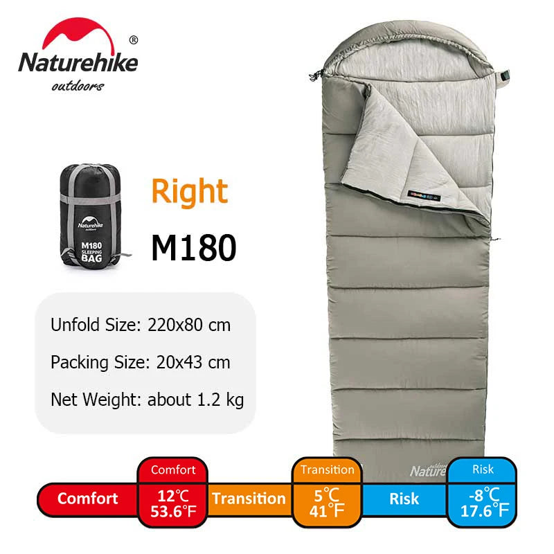 M180 Ultralight Hooded Sleeping Bag Waterproof Spliceable Winter Camping Warm 1℃–12℃
