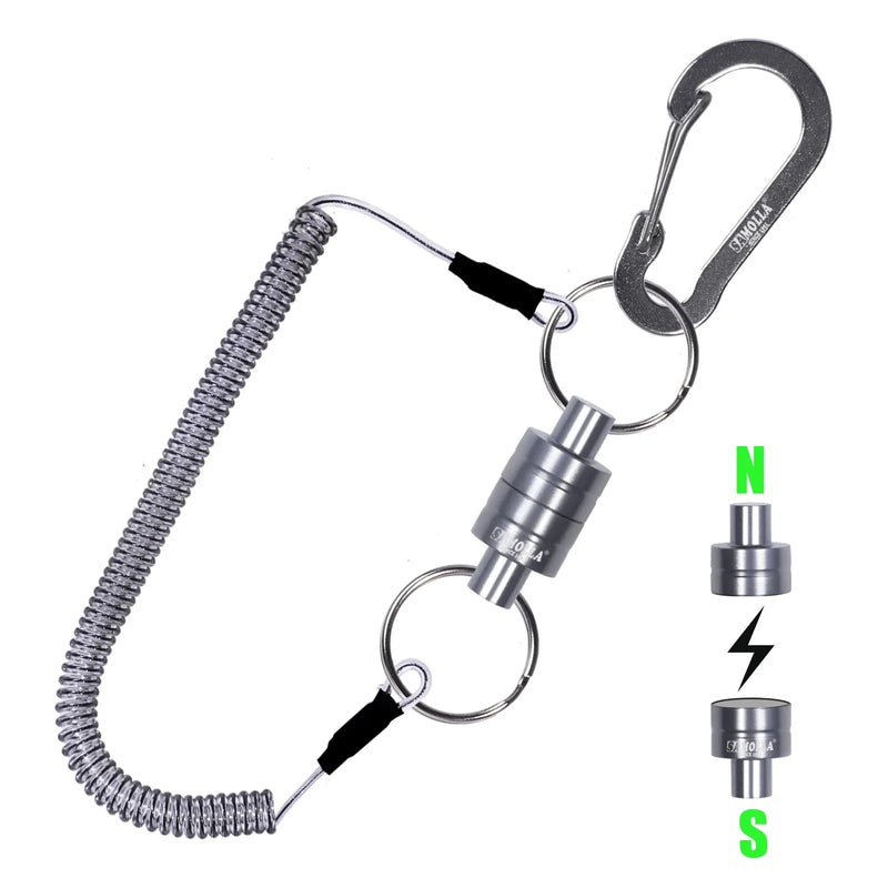 Magnetic Net Release Holder With Coiled Lanyard Fly Fishing Tools Strong Magnet Carabine Fast Buckle
