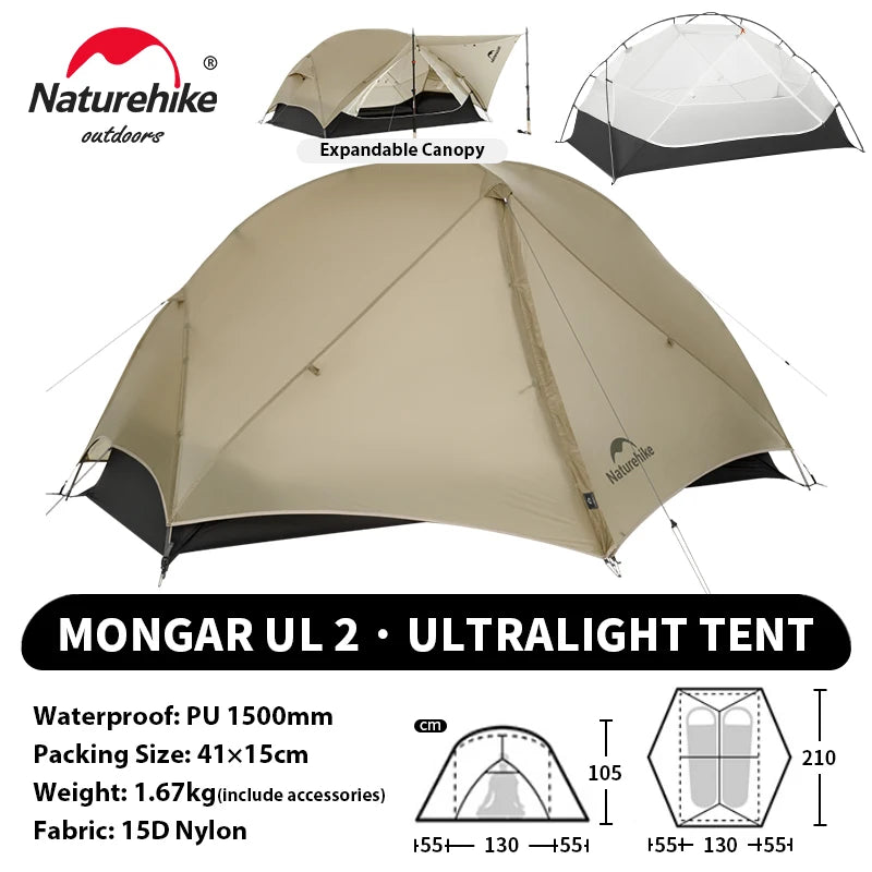NATUREHIKE Mongar UL & PRO Ultralight Waterproof Tents for 1–3 People (15D/20D Options)
