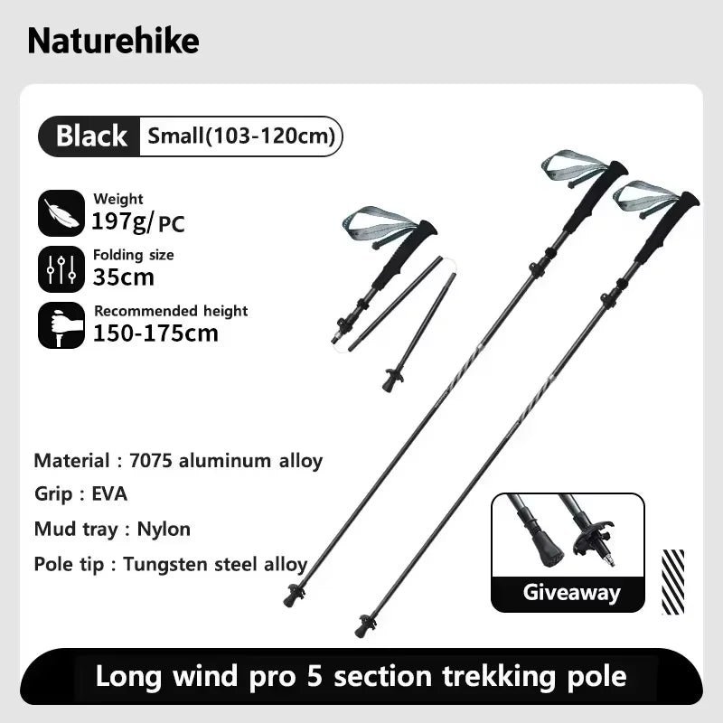 Naturehike Five-Section Folding Carbon Trekking Poles 103–135cm Lightweight Walking Sticks