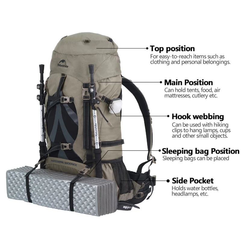 NH70B070-B 70L Hiking Backpack Large Capacity Mountaineering Camping Travel Pack