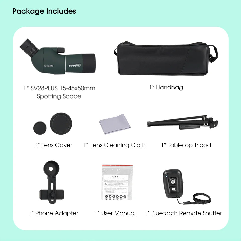SVBONY SV28PLUS 25–75x Spotting Scope – 50/60/70mm FMC BAK4 Prism Long-Range Telescope