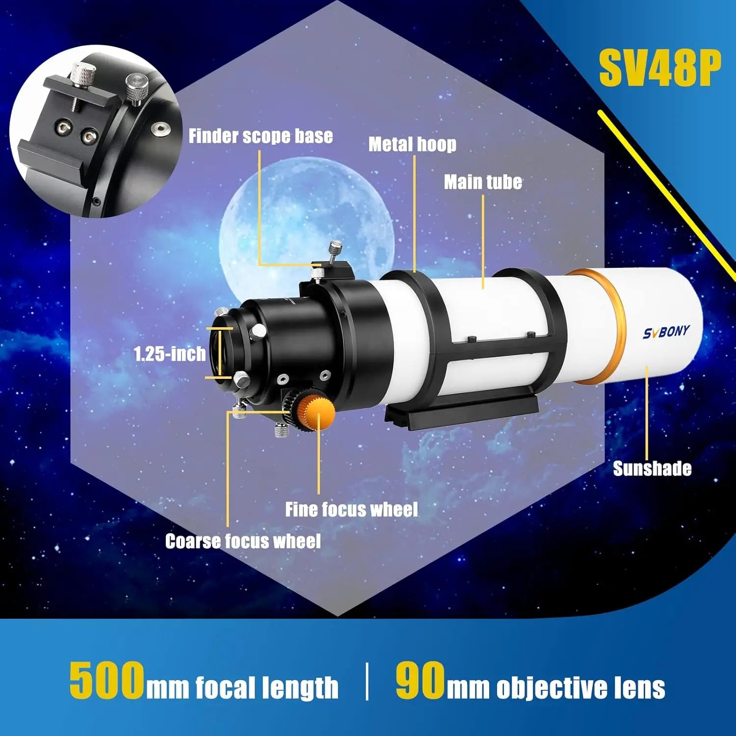 SV48P 90mm f/5.5 Refractor Telescope OTA with Dual-Speed Focuser