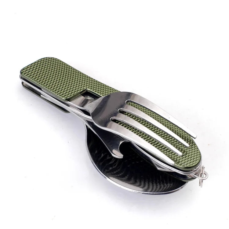 Stainless Steel 4-in-1 Folding Cutlery Set Knife, Fork, Spoon & Bottle Opener for Outdoor Adventures