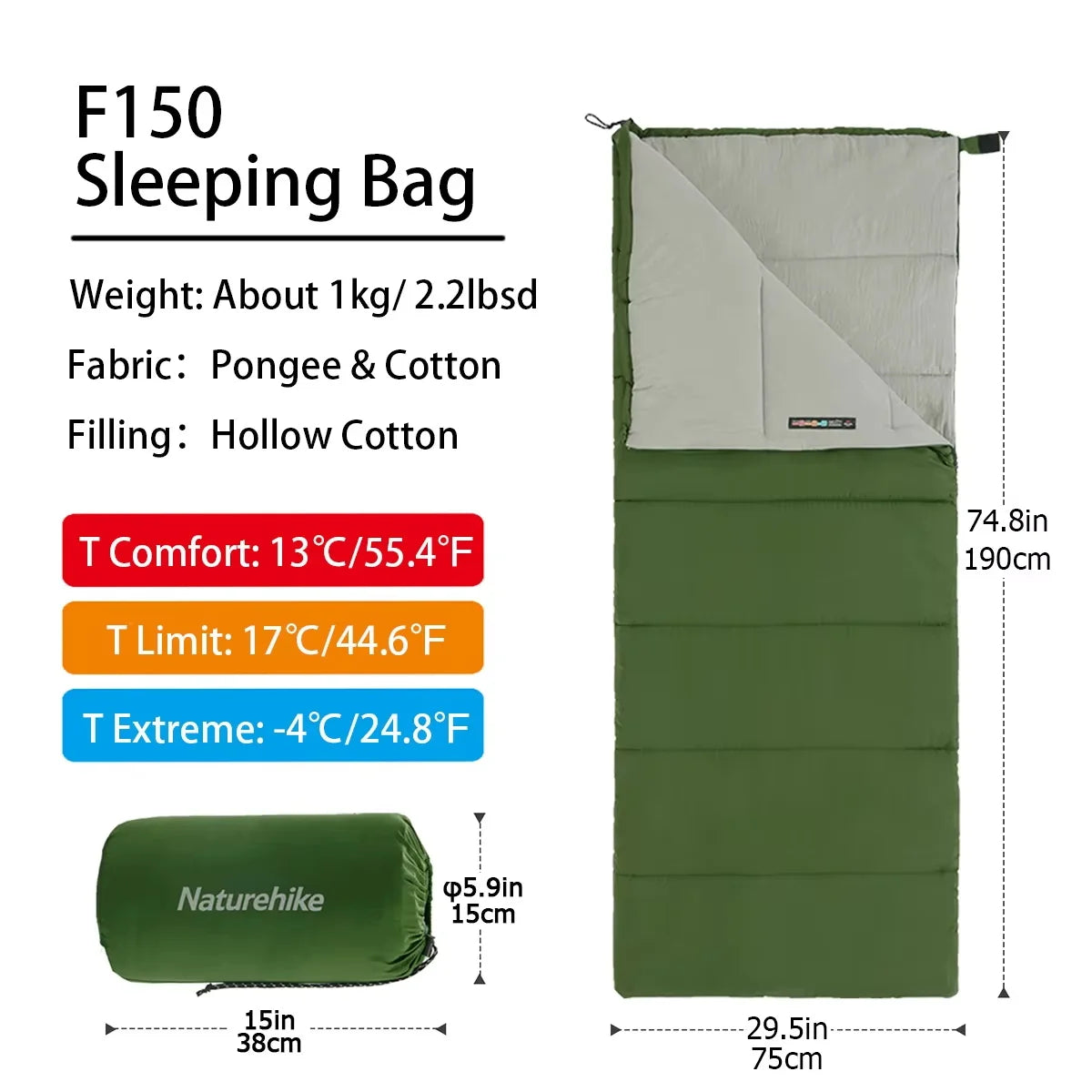 F150 Phoenix Ultralight Splicable Cotton Sleeping Bag Camping Hiking Travel Machine Washable