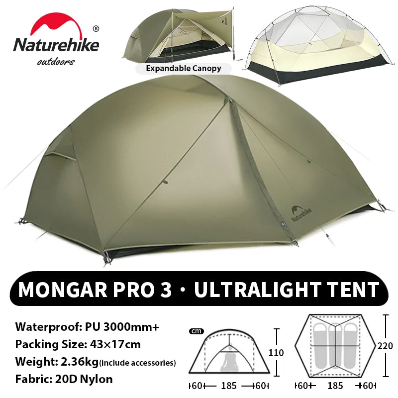NATUREHIKE Mongar UL & PRO Ultralight Waterproof Tents for 1–3 People (15D/20D Options)