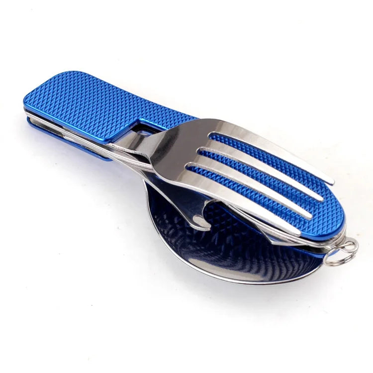 Stainless Steel 4-in-1 Folding Cutlery Set Knife, Fork, Spoon & Bottle Opener for Outdoor Adventures