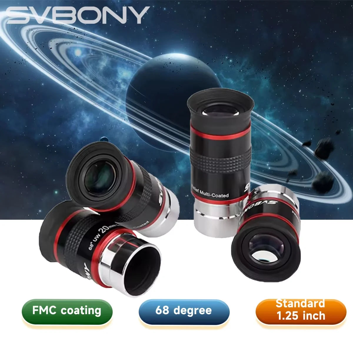 SVBONY 1.25" UWA Eyepiece Set – 68° Wide-Angle 6/9/15/20mm Fully Multi-Coated Telescope Lenses