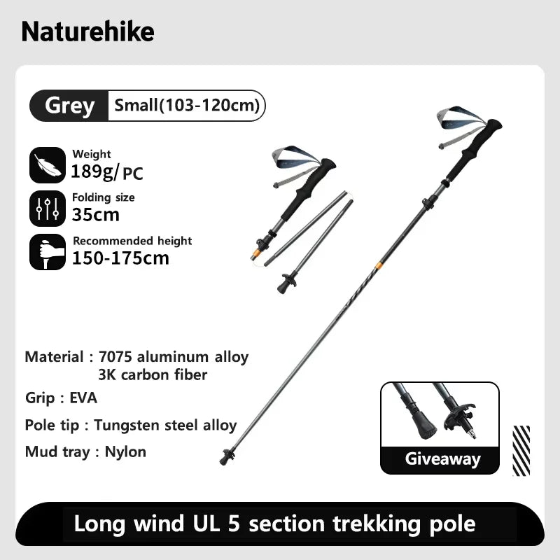 Naturehike Five-Section Folding Carbon Trekking Poles 103–135cm Lightweight Walking Sticks