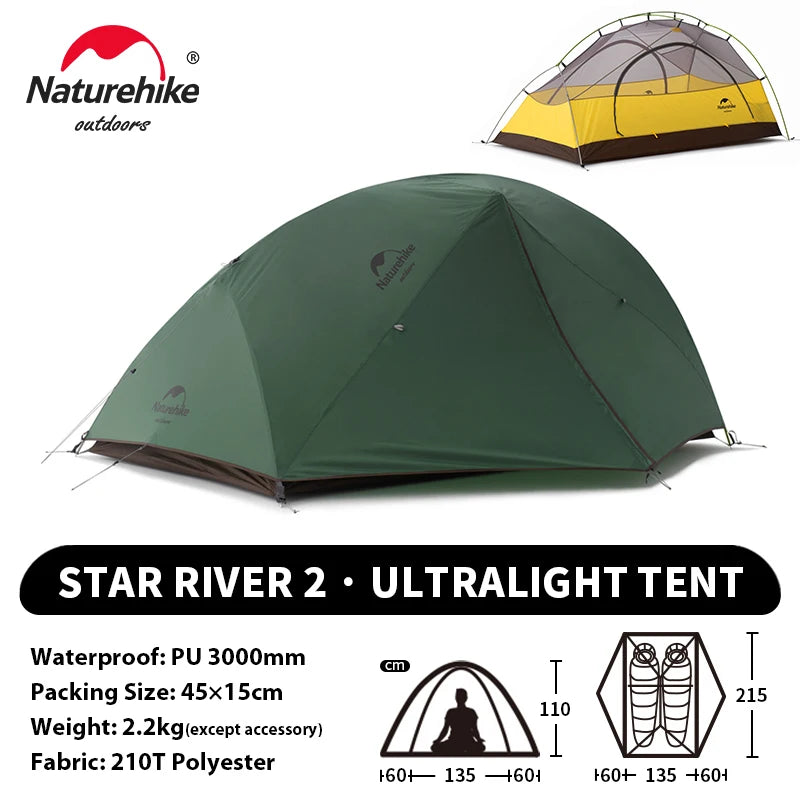 NATUREHIKE Star River 2 Ultralight 2-Person Waterproof Camping Tent for Hiking, Travel & Fishing
