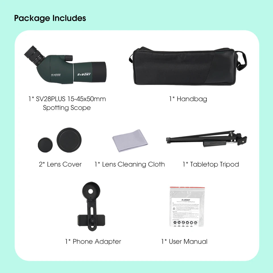 SVBONY SV28PLUS 25–75x Spotting Scope – 50/60/70mm FMC BAK4 Prism Long-Range Telescope