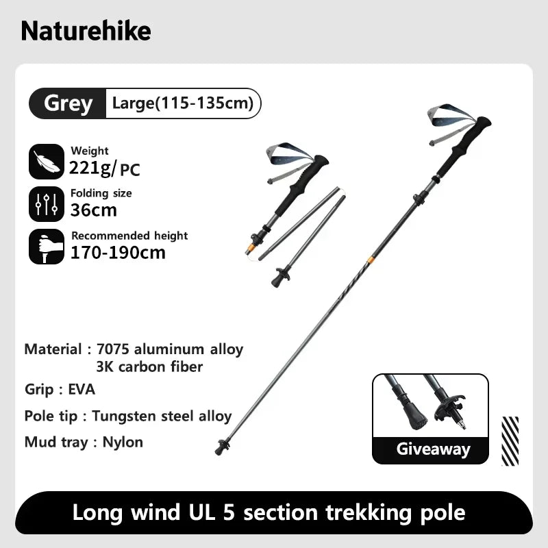Naturehike Five-Section Folding Carbon Trekking Poles 103–135cm Lightweight Walking Sticks