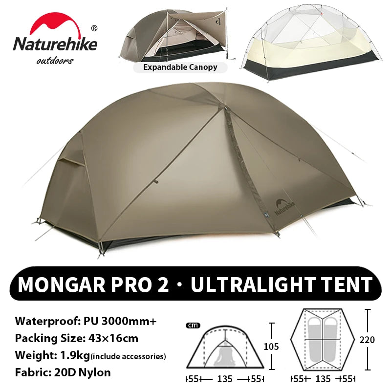 NATUREHIKE Mongar UL & PRO Ultralight Waterproof Tents for 1–3 People (15D/20D Options)