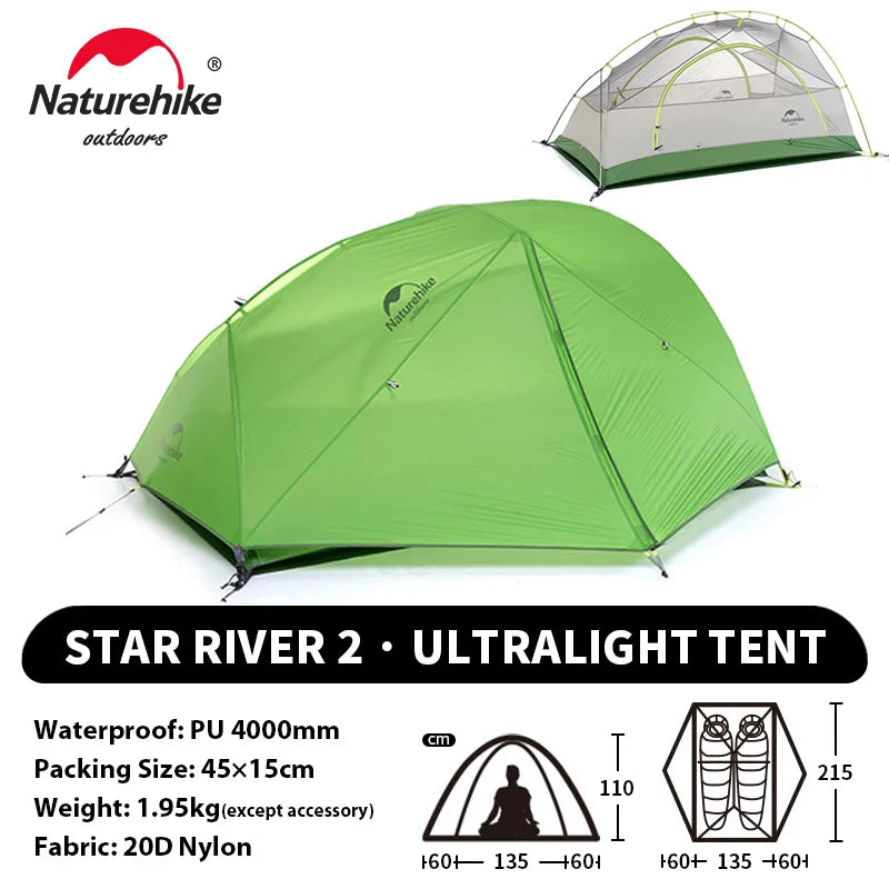 NATUREHIKE Star River 2 Ultralight 2-Person Waterproof Camping Tent for Hiking, Travel & Fishing