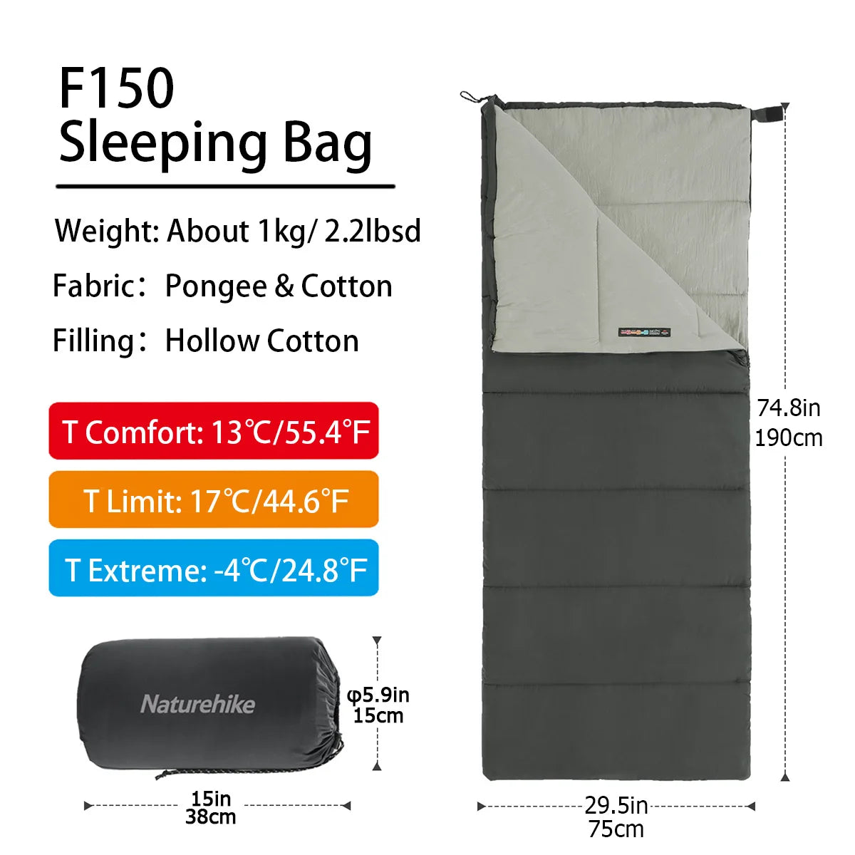 F150 Phoenix Ultralight Splicable Cotton Sleeping Bag Camping Hiking Travel Machine Washable