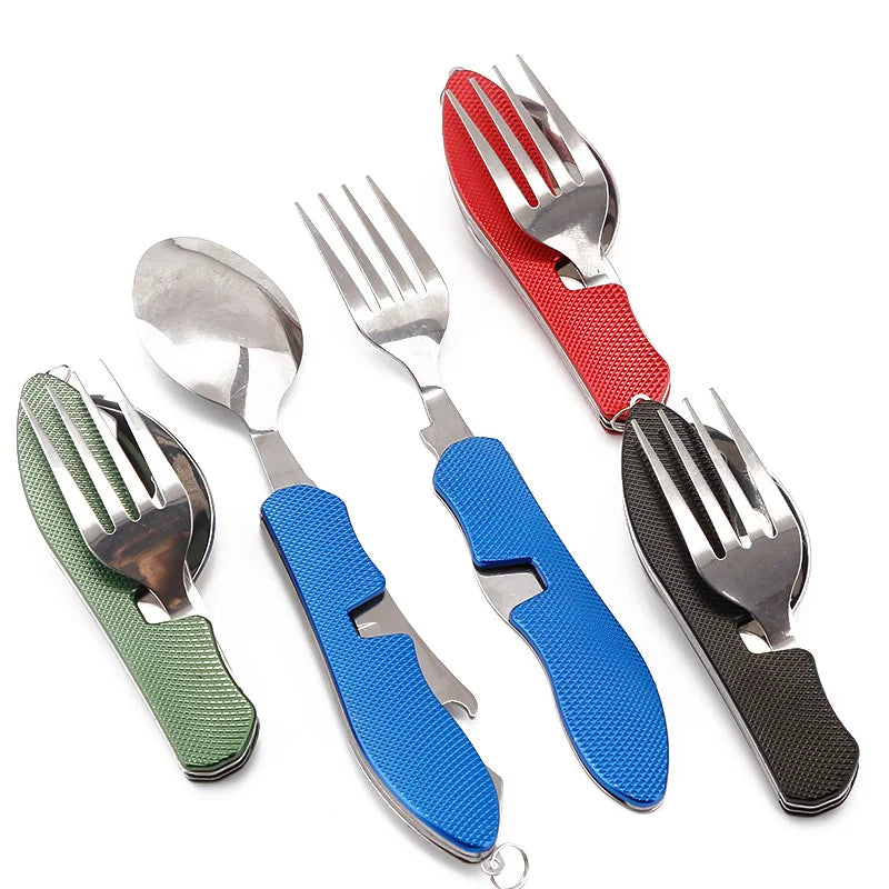 Stainless Steel 4-in-1 Folding Cutlery Set Knife, Fork, Spoon & Bottle Opener for Outdoor Adventures