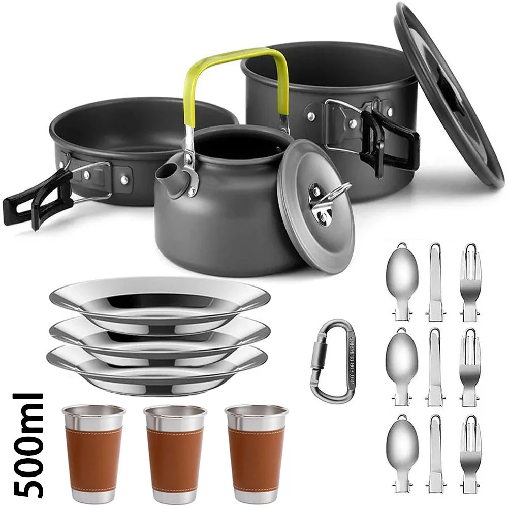 Camping Cookware Set with Pot, Frying Pan & Teapot for 2–3 People