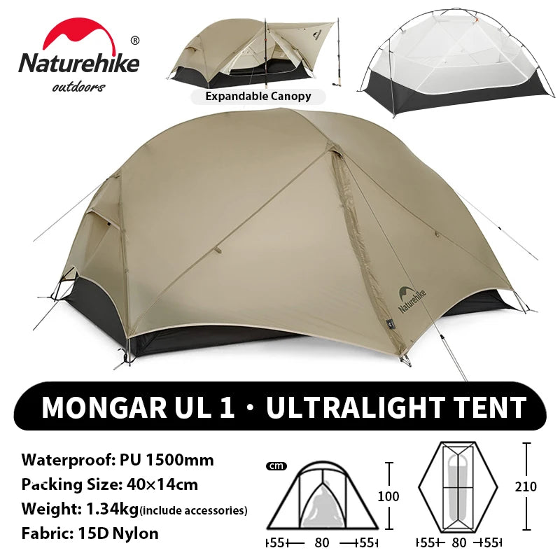 NATUREHIKE Mongar UL & PRO Ultralight Waterproof Tents for 1–3 People (15D/20D Options)