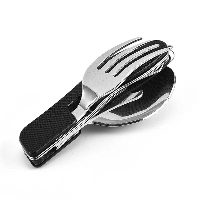 Stainless Steel 4-in-1 Folding Cutlery Set Knife, Fork, Spoon & Bottle Opener for Outdoor Adventures