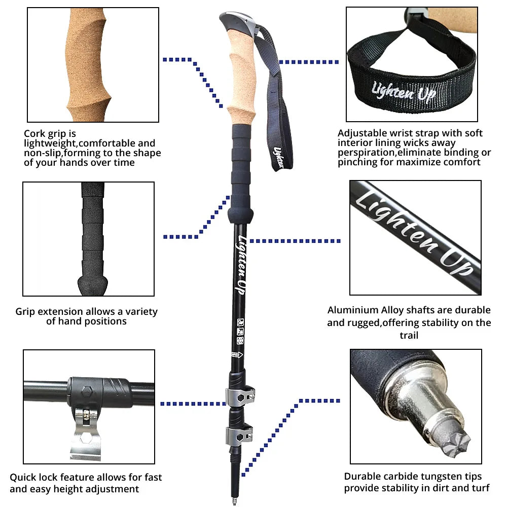 2Pcs Lightweight Folding Trekking Poles Aluminum/Carbon Cork Handle Walking Sticks for Hiking