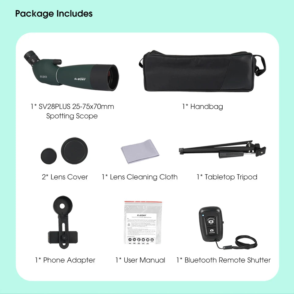 SVBONY SV28PLUS 25–75x Spotting Scope – 50/60/70mm FMC BAK4 Prism Long-Range Telescope