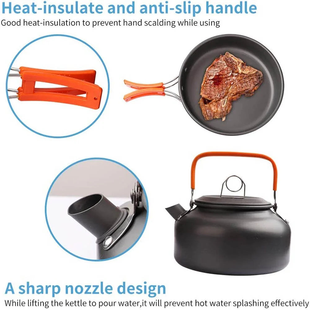 Camping Cookware Set with Pot, Frying Pan & Teapot for 2–3 People