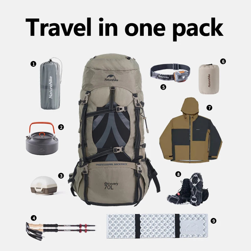 NH70B070-B 70L Hiking Backpack Large Capacity Mountaineering Camping Travel Pack