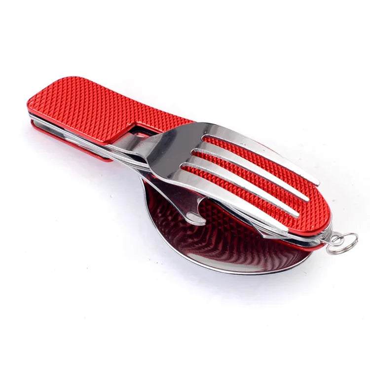 Stainless Steel 4-in-1 Folding Cutlery Set Knife, Fork, Spoon & Bottle Opener for Outdoor Adventures