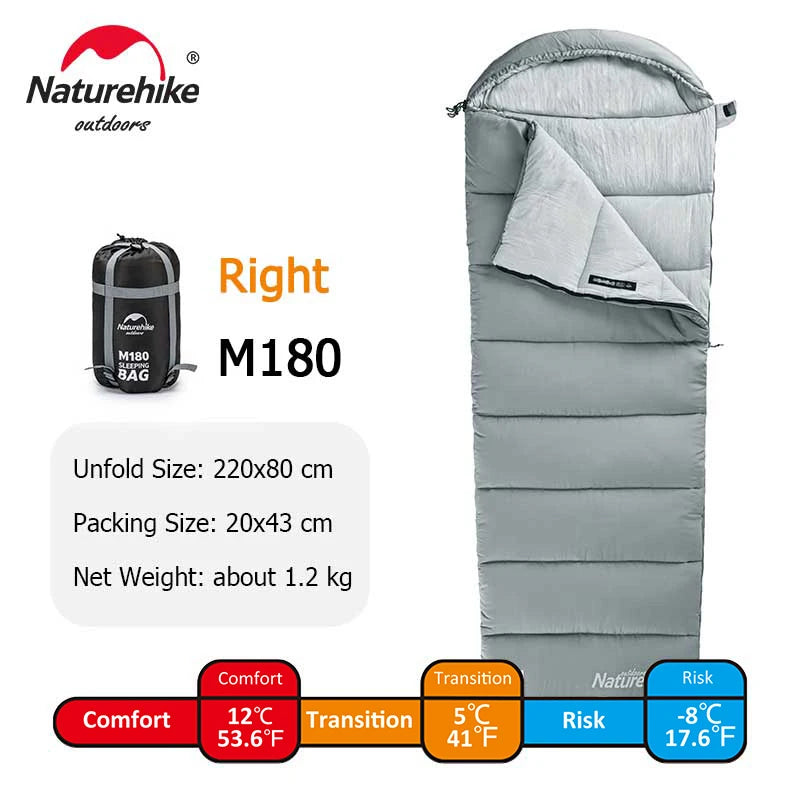 M180 Ultralight Hooded Sleeping Bag Waterproof Spliceable Winter Camping Warm 1℃–12℃