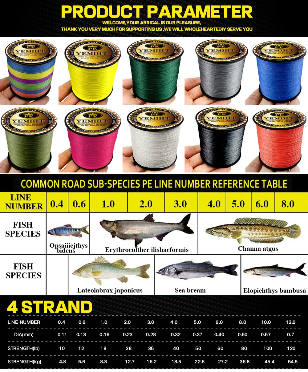 YEMIHT 4 Strand PE Braided Fishing Line 300M 500M 1000M Multifilament Line