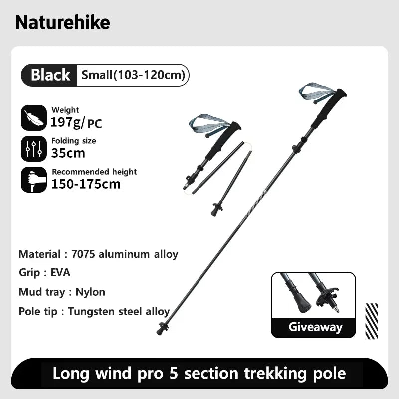 Naturehike Five-Section Folding Carbon Trekking Poles 103–135cm Lightweight Walking Sticks