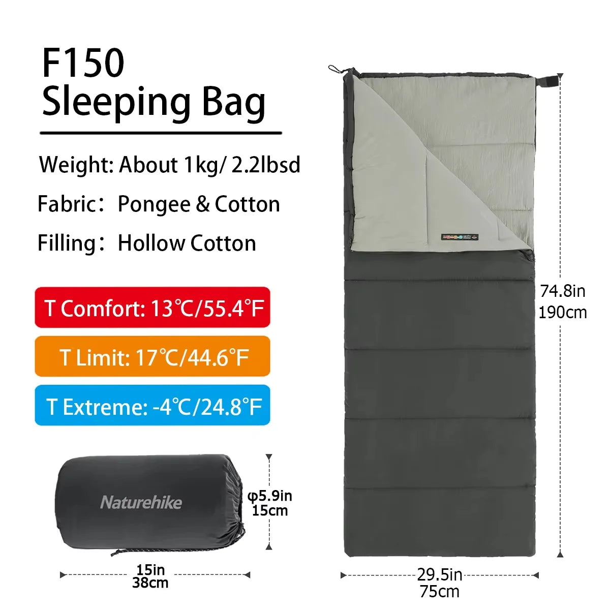 F150 Phoenix Ultralight Splicable Cotton Sleeping Bag Camping Hiking Travel Machine Washable