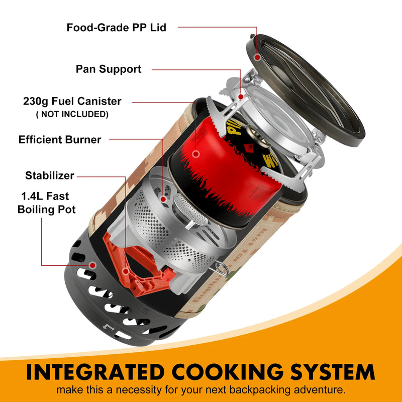 1.4L Portable Cooking System With Heat Exchanger Pot Camping Stove with Tripod, Pot Support