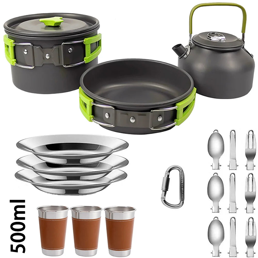 Camping Cookware Set with Pot, Frying Pan & Teapot for 2–3 People