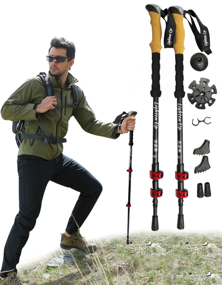 2Pcs Lightweight Folding Trekking Poles Aluminum/Carbon Cork Handle Walking Sticks for Hiking