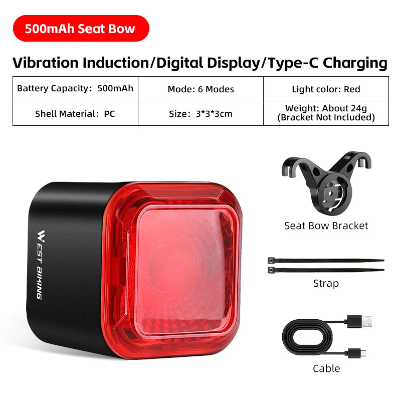 WEST BIKING Rear Bike Light with Brake Sensing & Digital Display – USB Rechargeable Tail Light