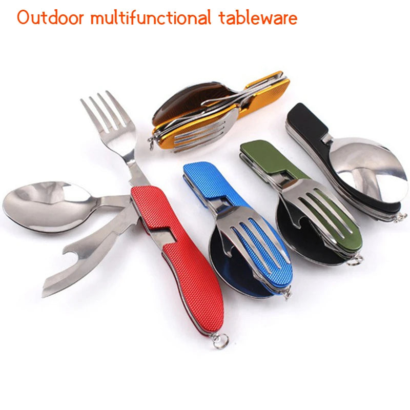 Stainless Steel 4-in-1 Folding Cutlery Set Knife, Fork, Spoon & Bottle Opener for Outdoor Adventures