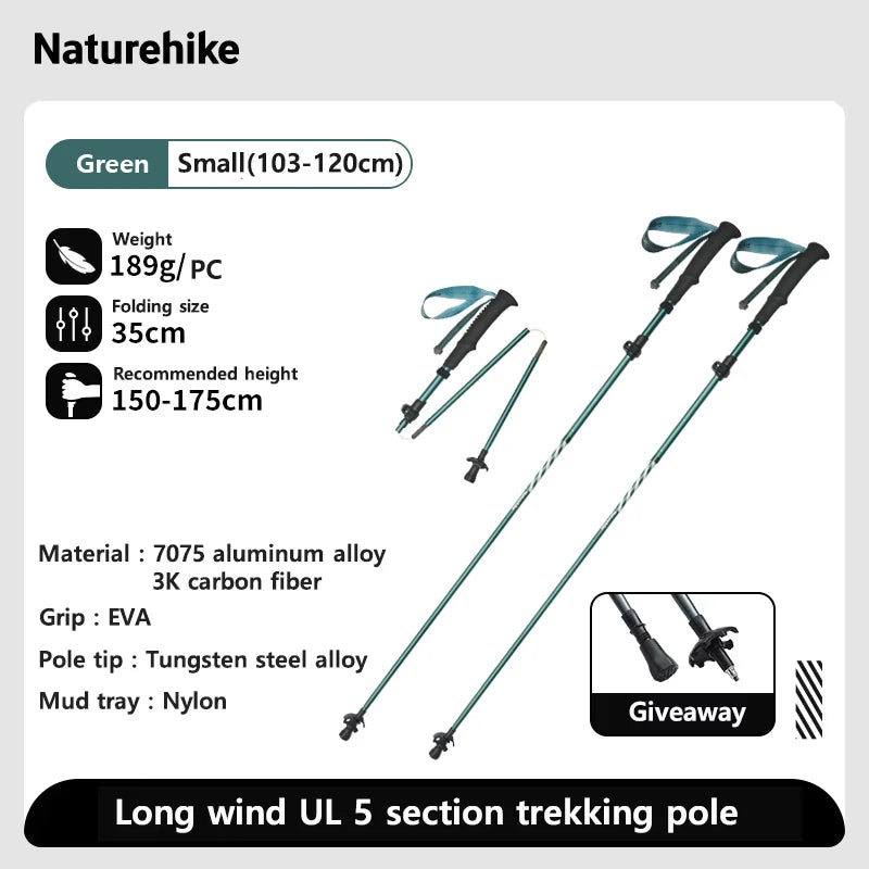Naturehike Five-Section Folding Carbon Trekking Poles 103–135cm Lightweight Walking Sticks