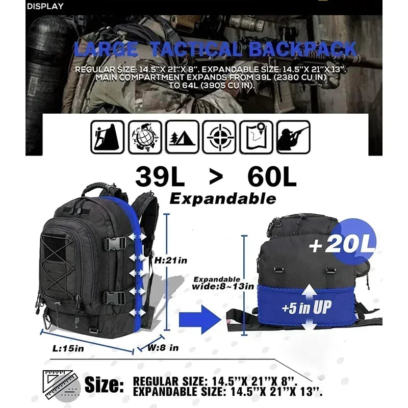 Extra Large 60L Tactical Pack – Water-Resistant Outdoor Rucksack for Hiking, Travel & Laptop Gear