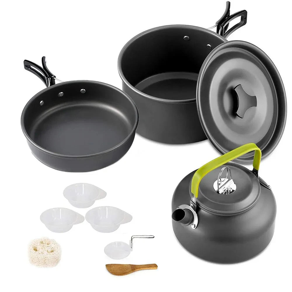 Camping Cookware Set with Pot, Frying Pan & Teapot for 2–3 People