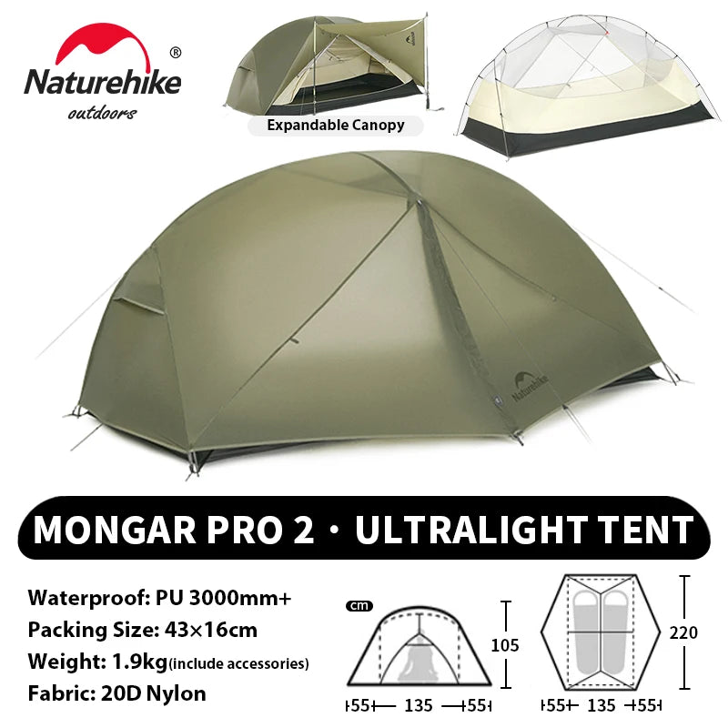 NATUREHIKE Mongar UL & PRO Ultralight Waterproof Tents for 1–3 People (15D/20D Options)