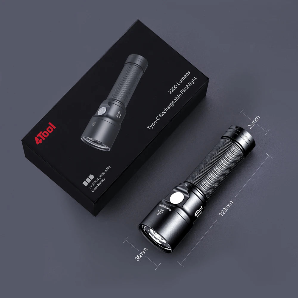2200 Lumens Rechargeable LED Flashlight with 21700 Battery & USB Charging